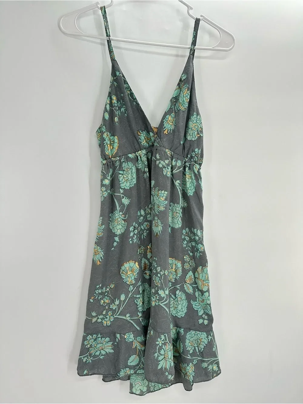 Mandalay Gray Aqua Floral Metallic Gold Babydoll Slip Mini Dress Boho Y2K S/M